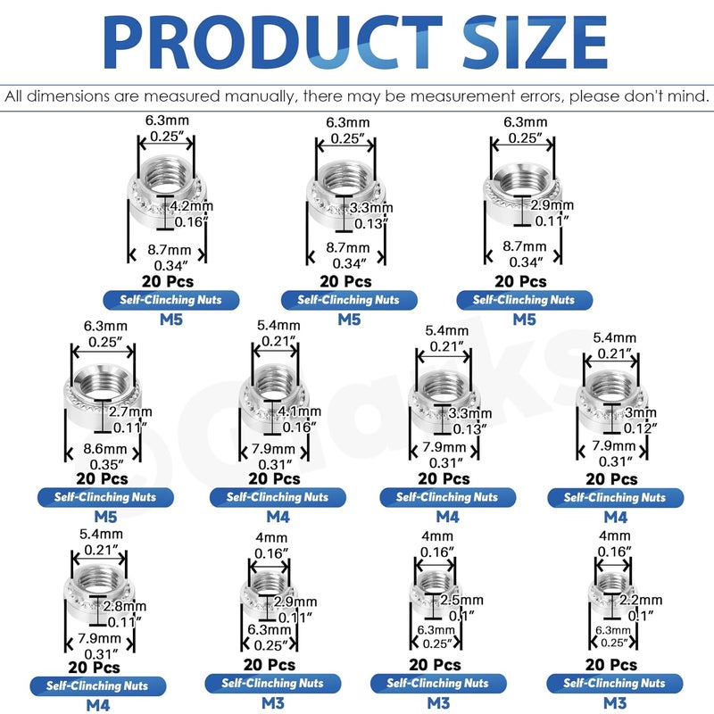 Glarks 220pcs M3 M4 M5 Self Clinching Nuts Kit, 304 Stainless Steel Round Head Rivet Nut, Knurled Self-Clinching Nut Fastener for Machinery Electrical Products, Industry - Image 2